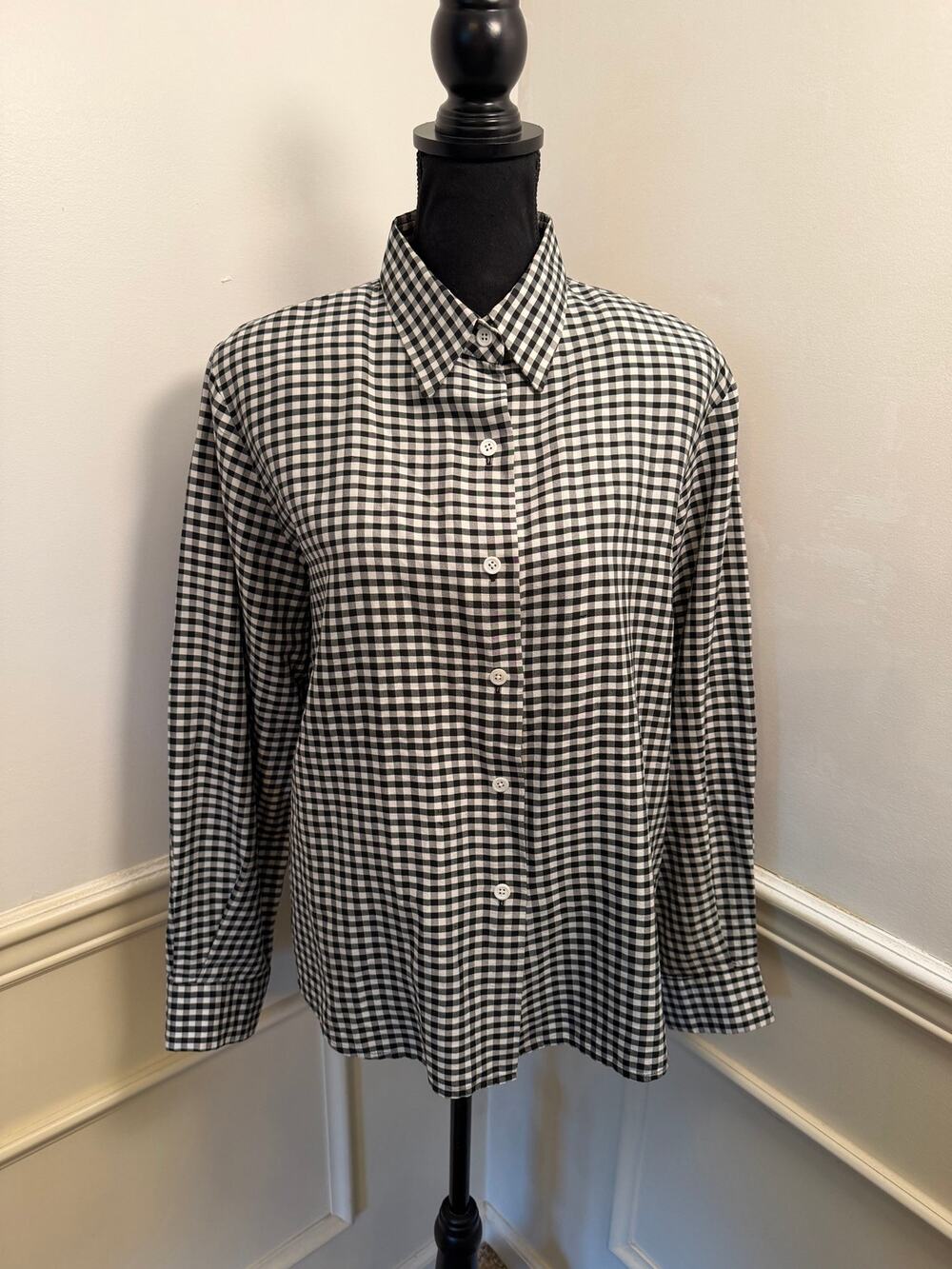 Vintage Linda Allard Ellen Tracy Silk Gingham Check Blouse Shirt Shoulder Pads